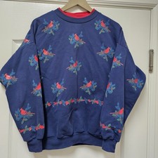 Vtg Sweatshirt Womens M/L Navy Cardinal Bird Animal 80s 90s Grandma USA