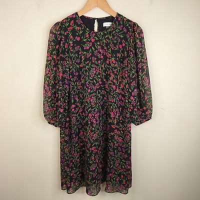 Calvin Klein Floral Shift Dress Womens 6 Chiffon Long Sheer Sleeve Cottagecore