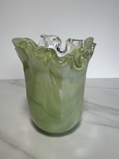 Murano Style Art Glass Lavorazione Italy Ruffled Edge Vase Green/Clear Swirl