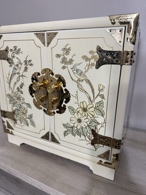 Vintage Japanese Antique White Lacquer Jewelry Box,Huge Gold Painted Birds &...