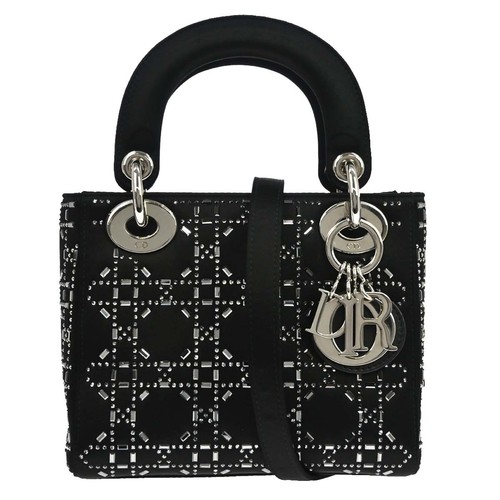 Christian Dior Lady Dior Black Satin And Bead Embroidery Black Satin Handbag