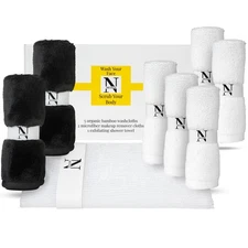 Skincare Towel Collection, 1 Exfoliating Shower Towel, Five 10 inch Ultra Sof...