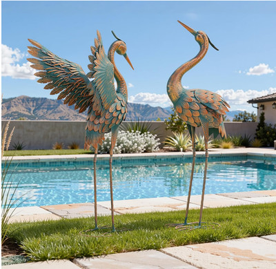 Extra-L 36.8'' Metal Crane Garden Statue, Handcrafted Blue Heron Decor Sculptures