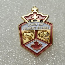Town of Gilbert Plains Lapel Pin Manitoba Canada Shield Clutch Back Beaver Cow