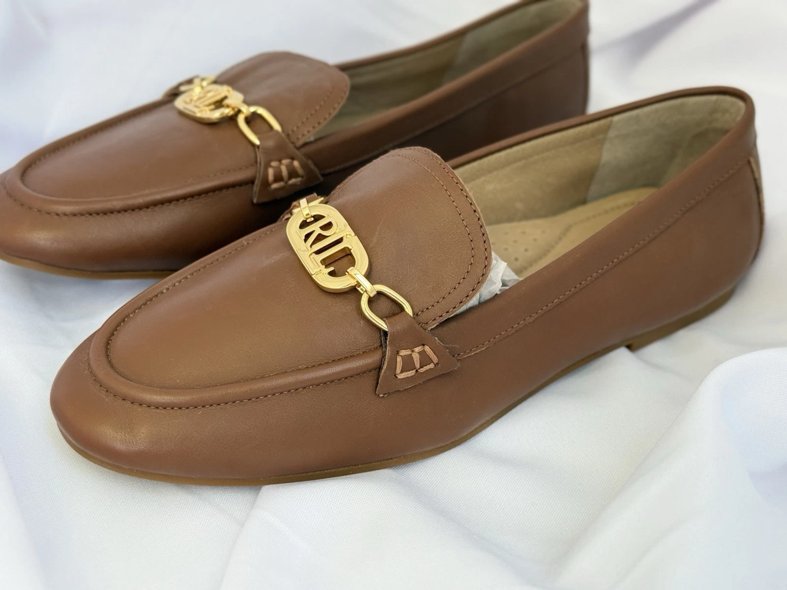Lauren Ralph NWOB Womens Averi II Leather Loafers Logo Size 9 Flats Deep Tan NEW