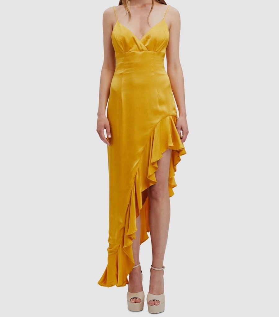 Bardot 58406BD V-Neck Ruffled High-Low Midi Dress SZ 8 Marigold