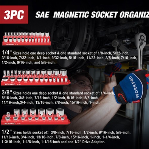 Magnetic SAE Socket Organizer Set 3PC 1/4" 3/8" 1/2" Dr for Standard & Deep Size - Picture 8 of 9