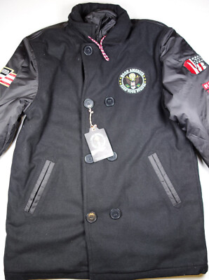 HOOD AMERICA Earn Your Stripes Black Font Button Bomber Jacket Large L