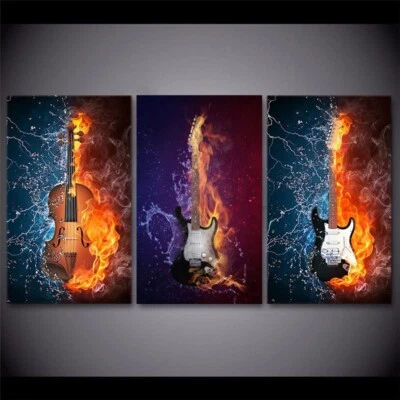 Abstract Guitar Violin Flame Scenery 3 Pcs Canvas Print Wall Art Home Decoration - Image 1 of 4