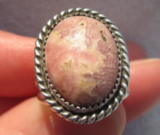 Southwest Sterling Silver Natural Pink Rhodochrosite Rope Frame Oval Ring Size 5