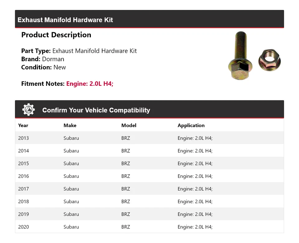 Kit de herrajes colector de escape Dorman 2,0 L para Subaru BRZ 2013-2020 2014 2015 Foto 2 de 4