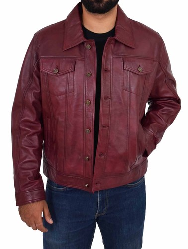 Mens Soft Leather Trucker Jacket Burgundy American Western Denim Levi Style Coat - Picture 10 of 12