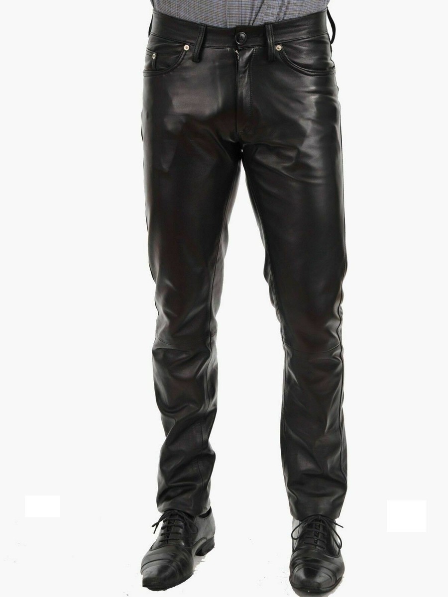 Leather Pants Men S Pant Jeans Real Trouser Black Zipper Sheep