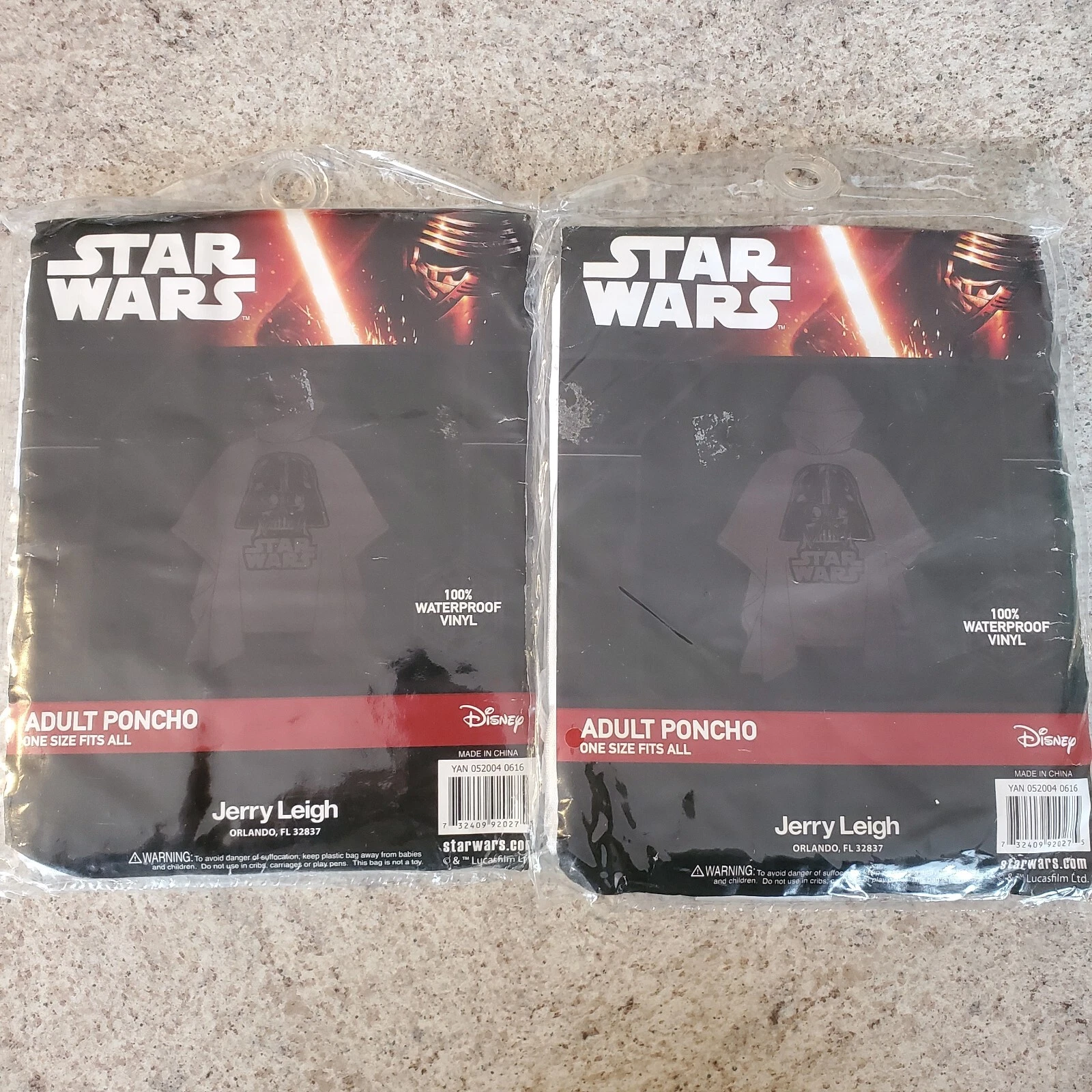 Disney Adult Star Wars Darth Vader Clear Rain Poncho New Sealed! Qty: 2