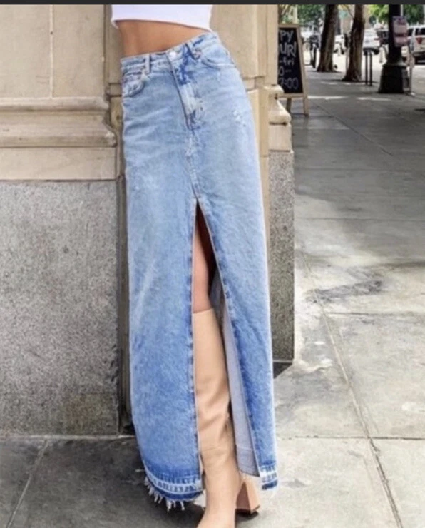 ZARA NEW WOMAN HIGH WAIST DENIM MIDI SKIRT FRAYED RIPPED BLUE XS