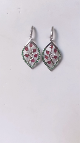 Leaf Dangle Earring 925 Sterling Silver Earring Lab-Ruby and Emerald Gemstone - Video 1 of 1