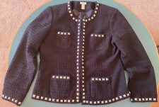 Chico's Size 2 Glam Chantal Black Textured Silver Square Studs Jacket Blazer GUC