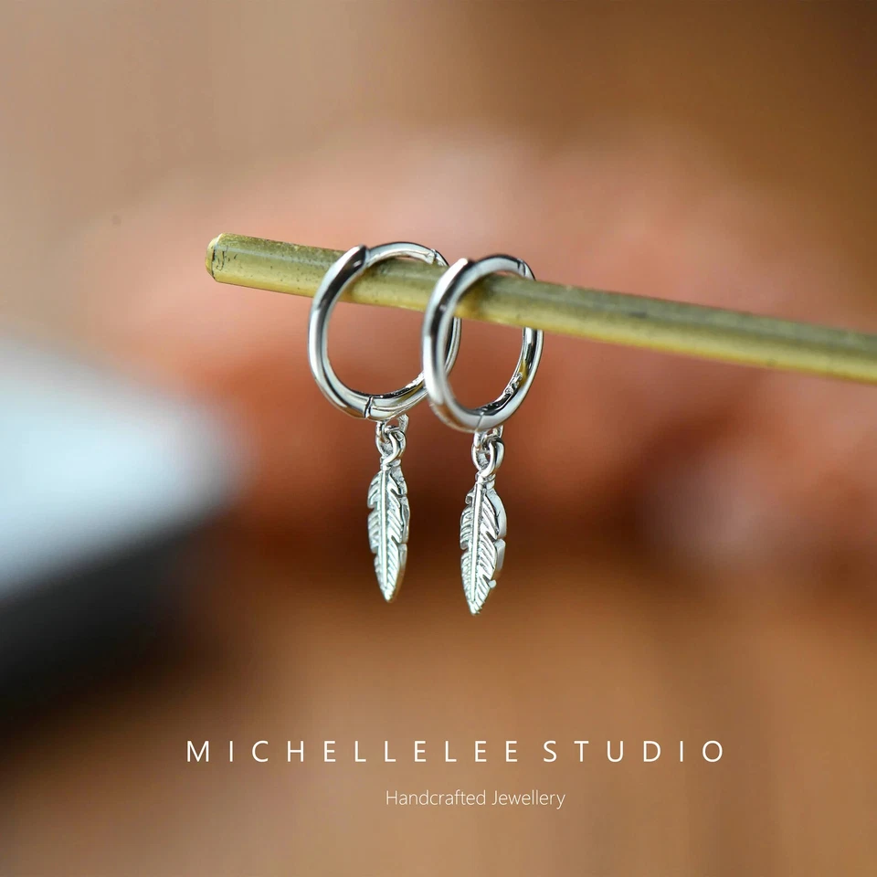 Sterling Silver Feather Huggie Hoop Earrings,Tiny Feather Charm Hoops - Image 3 of 4