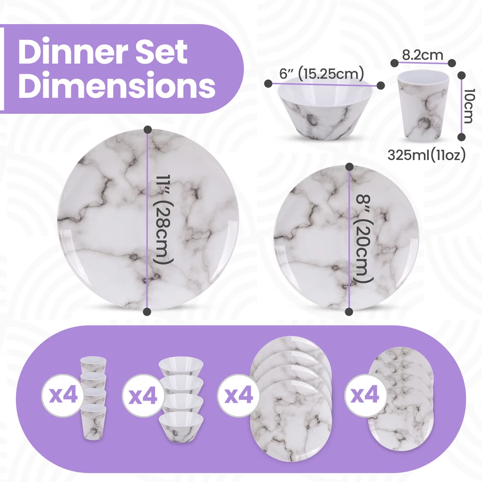 16pcs Melamine Dinnerware Set Marble Print Dishwasher Safe Tableware BBQs Picnic - Image 3 of 4