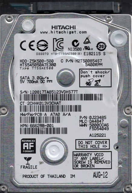 Hitachi HTS545050A7E380 MLC: DA4847 P/N: 0J23485 500GB Thailand | eBay