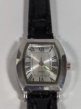 Silver Tone Dial Rectangle Case Black Leather Band Watch
