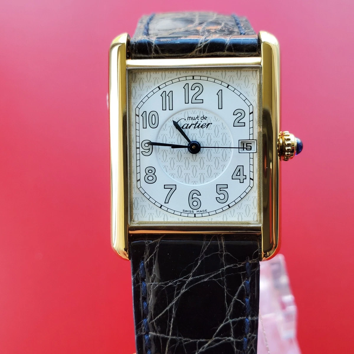 100 CARTIER MEDIUM SIZE MUST DE TANK QUARTZ REF 2413 GOLD PLATED CLEAN