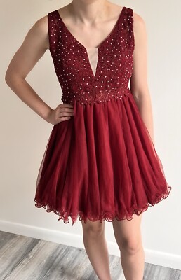 Jodi Kristopher Maroon Dark Red Frilly Bejeweled Frilly Homecoming Dress Sz  7 | eBay