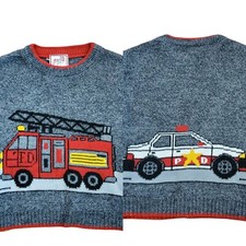Vintage 90s Boys Chunky Graphic Sweater Firetruck Police Car Crewneck Gray 3T