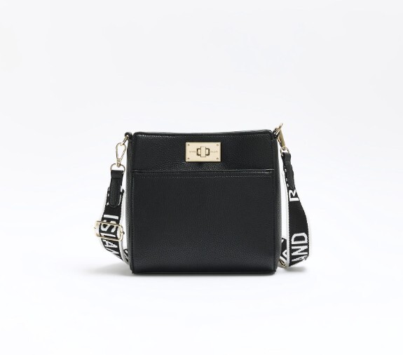 New River Island Women Black Leather RI Logo Strap Ladies Shoulder