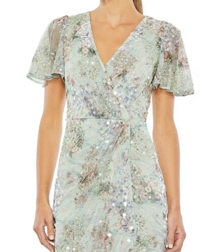 Mac Duggal Floral Sequin Short Butterfly Sleeve Faux Wrap Thigh High Slit Gown - Picture 3 of 15