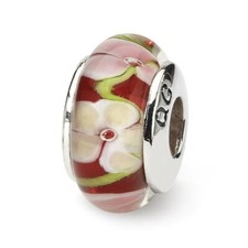 Red Floral Hand Blown Glass Bead .925 Sterling Silver Antiqued Reflection Beads