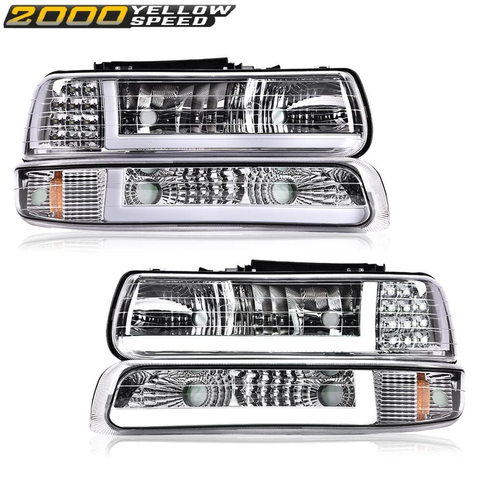 Fit For 99-02 Chevy Silverado/00-06 Suburban Tahoe LED BAR DRL Chrome Headlights - Image 4 of 4