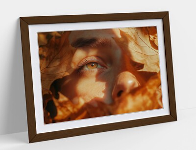 HERBSTBLÄTTER UND BRAUNE AUGEN - GERAHMTES WANDBILD POSTER PAPIERDRUCK