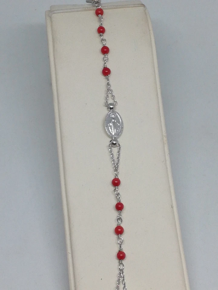 BRACCIALE DONNA ARGENTO ROSARIO GRANI CORALLO MADONNA MIRACOLOSA CROCE CM 21 - Immagine 2 di 4