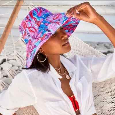 LILLY PULITZER Pink Blue Floral Print Canvas Bucket Sun Hat 