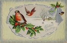 Christmas Greetings 1911 Divided Back Postcard USA Made Robins Bird Silver Bells