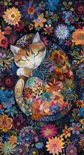 Calico Cat Flowers Floral Fabric 24" X44" Panel CD4112 Cotton Timeless Treasures