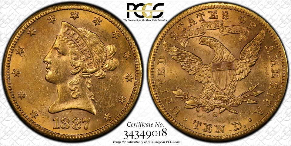 1887-S $10 certificação MS61 #34349018, PCGS - Imagem 3 de 3