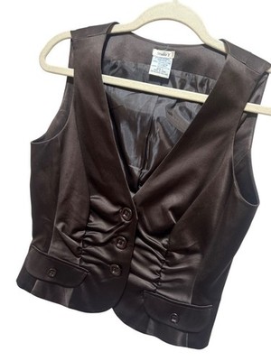 Studio Y Y2K Brown Satin Fitted Vest With Ruched Details & Button Accents Size L