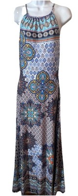 Olivia Matthews Sleeveless Blue Medallion Print Summer Maxi Dress Women's S NEW