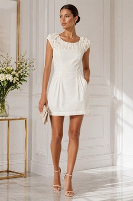 BCBGMaxazria Dorine Ivory Cocktail Dress Rosette Shoulder Quiet Luxury NWT  12 | eBay