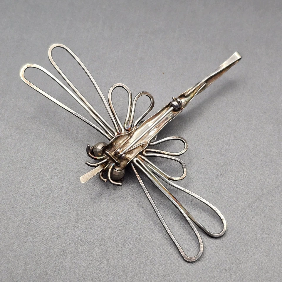 Broche libélula prata esterlina vintage feito à mão 2,5" contas de vidro 7,37 g - Imagem 4 de 4