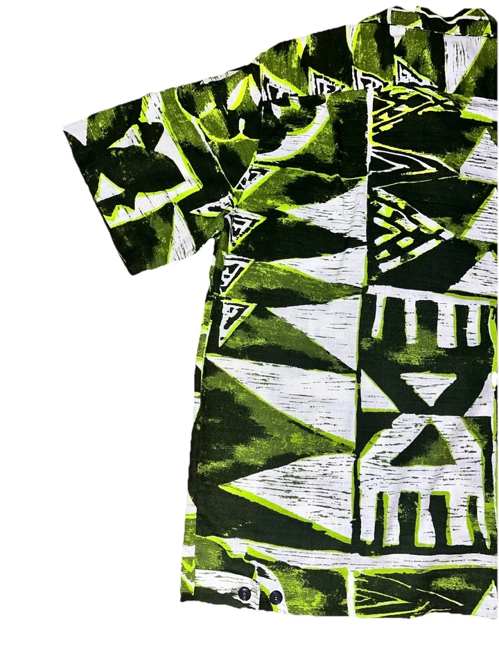 Camisa De Colección Años 60 70 Malihini Hawaii Aloha Tela de Corteza Tiki Tribal Verde Negra S/M Foto 3 de 4