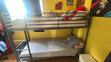 Grey Metal Single Bunk Bed Frame with Built-In Ladder, Contemporary Style