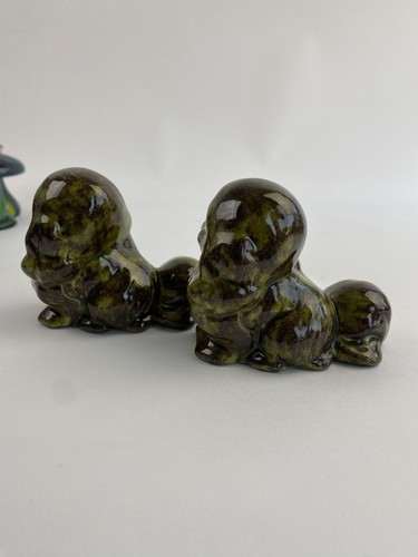 Vintage Kitschy Ceramic Puppy Dog Green Big Eyes 2.5" MCM Decor Lot 2 Figurines - 第 4/6 張圖片