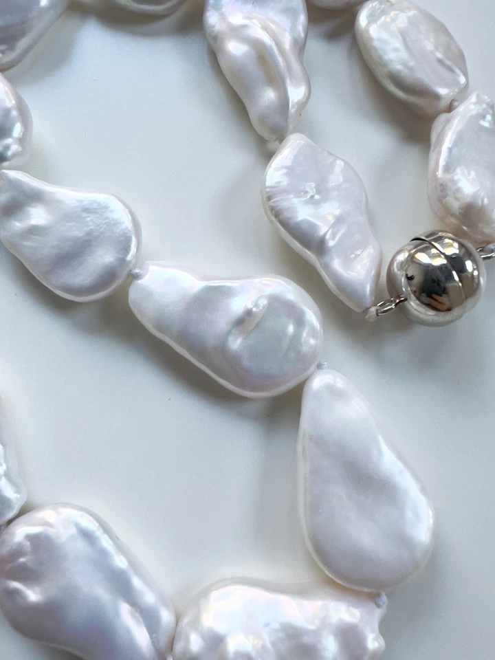 Collar de perlas moneda iridiscente barroco plano plata esterlina vintage Estate 18,5" Foto 3 de 4