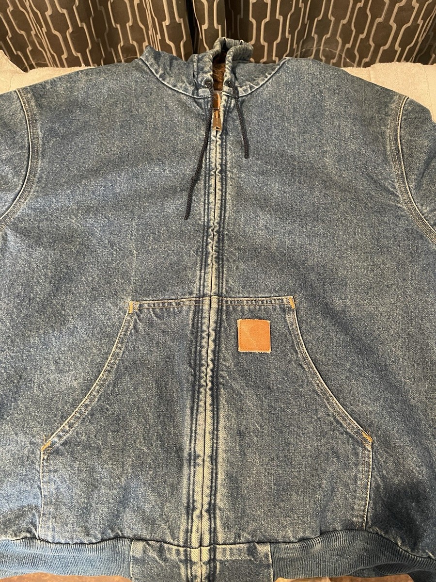 Vintage Carhartt J08 DST Denim Flannel Lined Hooded Jacket XL Blue