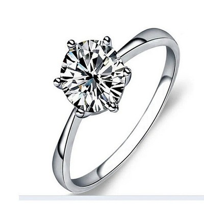 Women Platinum Zircon Ring Six Claw Setting Classic Silver Ring Electroplated