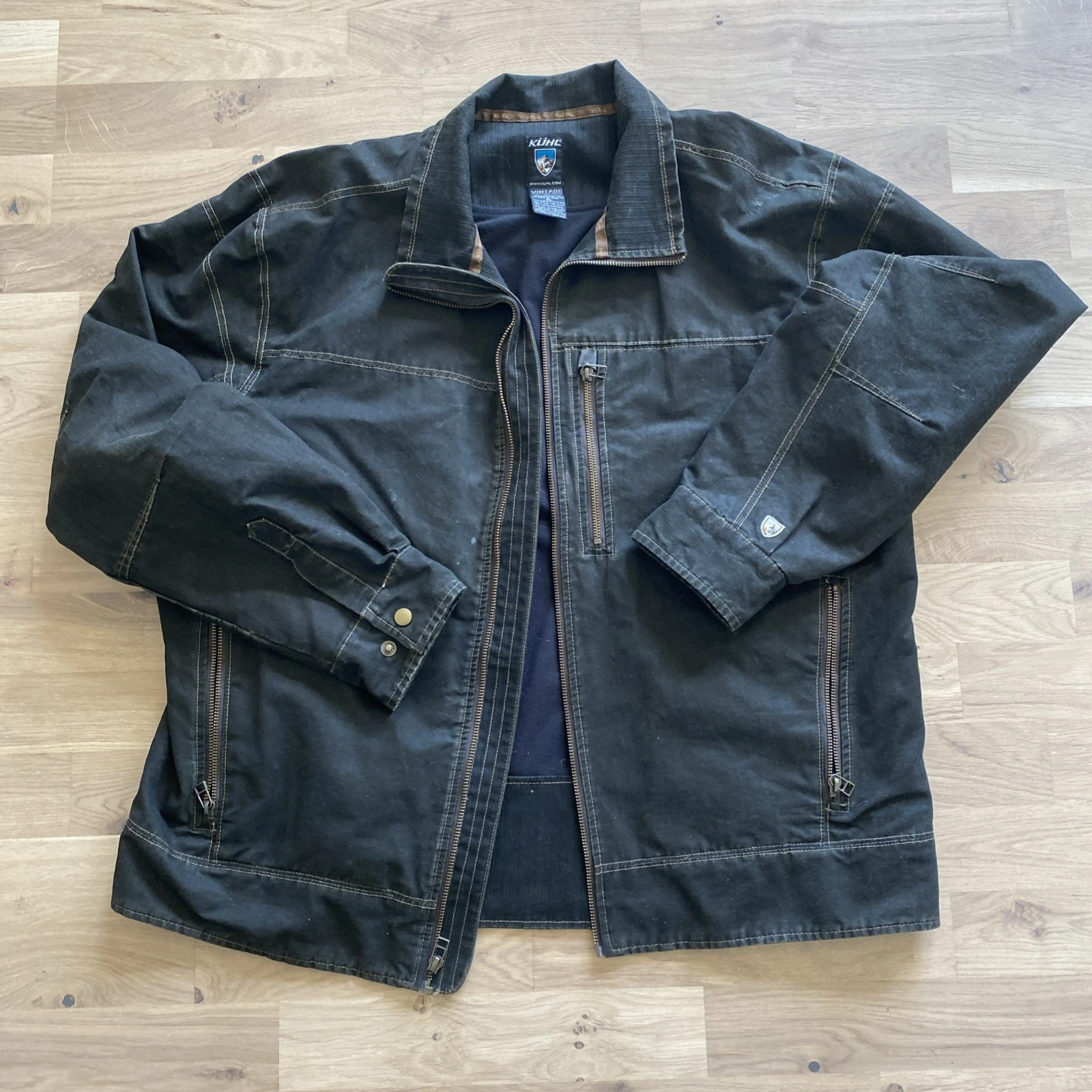 Kuhl Burr Lined Jacket Mens XL Dark Brown Vintage Patina Dye Waxed Canvas