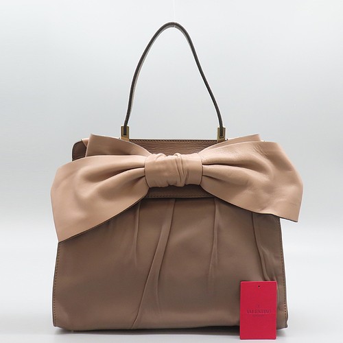 Valentino CWB00783 Gray Brown Nappa Leather Ribbon Bow Top Handle Flap Tote Bag